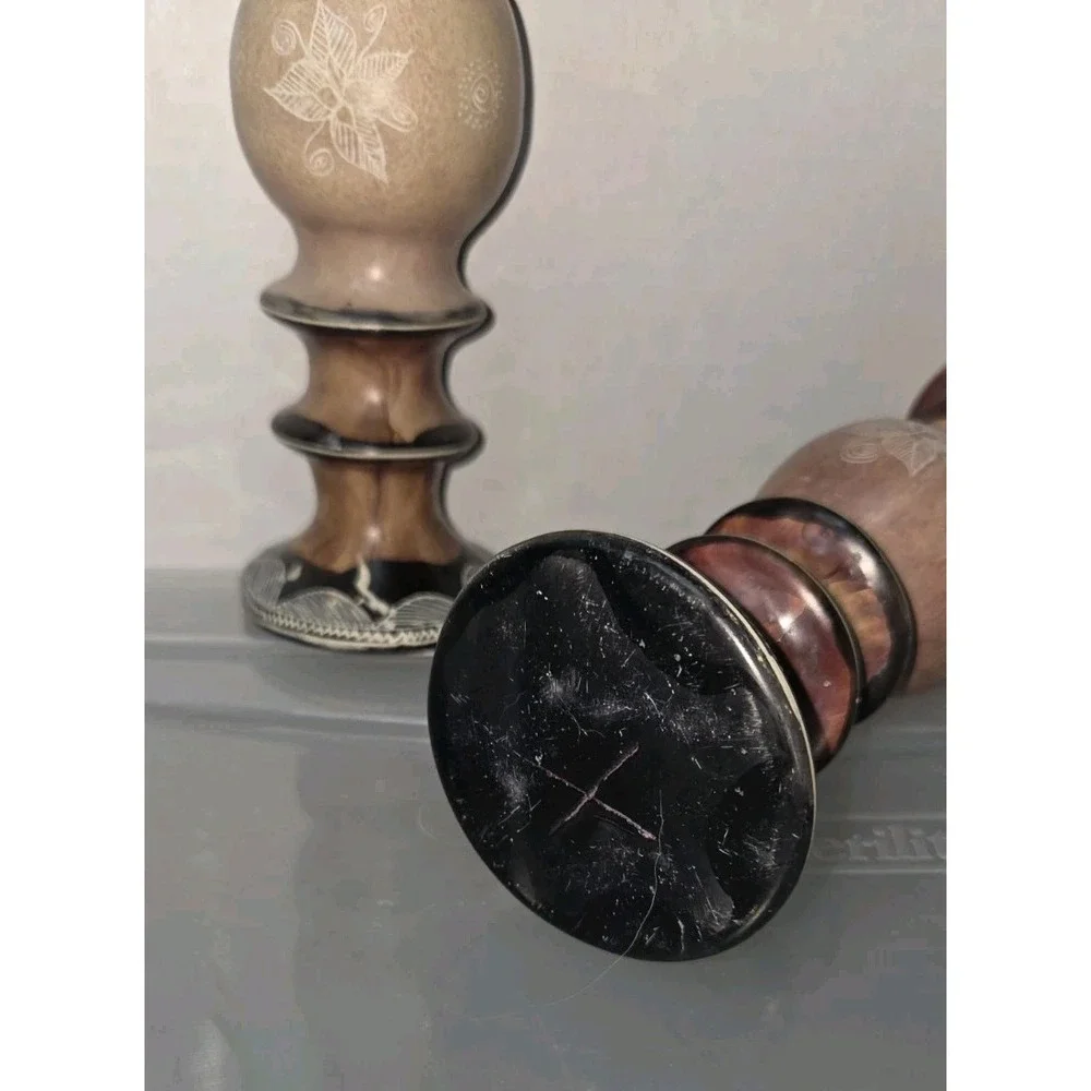 Vintage Hand Painted African Style Stone Candle Holders Set of 2 Kenya Brown